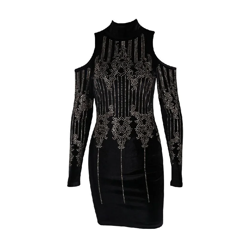 Geometric retro Rhinestone high-necked long-sleeved bodycon tight dress velvet party dress FT4925 Tunics Versatile functional Geometric retro Rhinestone high-necked long-sleeved bodycon tight dress velvet party dress FT4925 Tunics Versatile functional