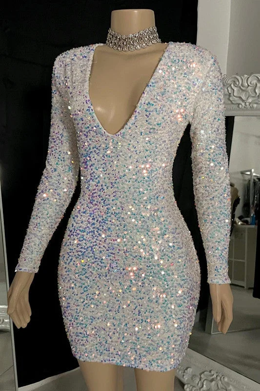 Sparking V-neck Long Sleeves Mini Prom Dress With Beading