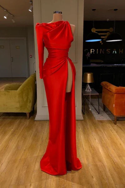 Modern Long Red Mermaid  Split Prom Dress With Long Sleeve