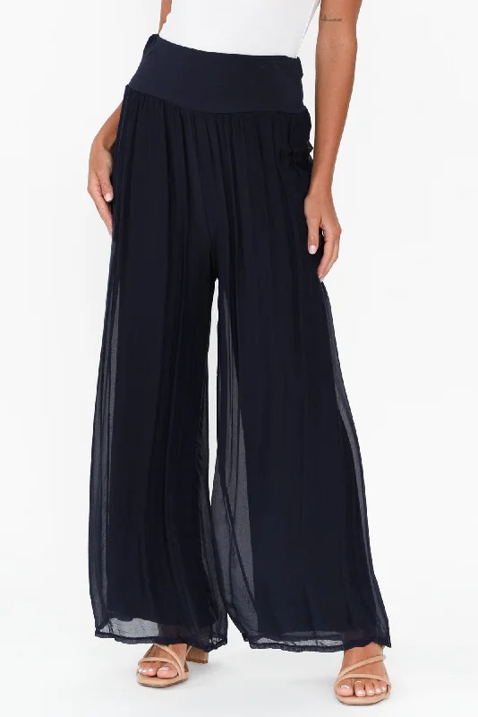 Laurier Navy Silk Wide Leg Pants Comfy Athletic Pants