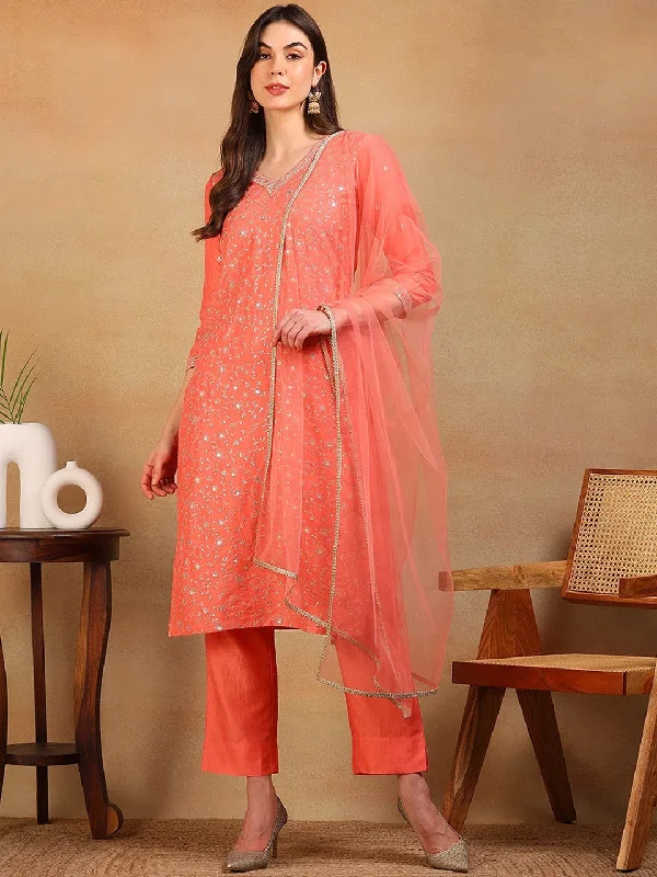 Ahika Women Coral Silk Blend Embroidered Straight Kurta Pant Set With Dupatta Elegant Wool Trousers