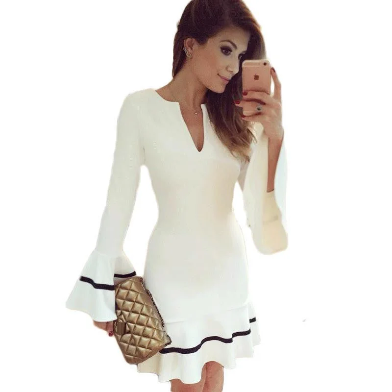 Womens Elegant Mermaid Tunic Party Dress Ladies Long Sleeve Pencil Sheath Bodycon Mini White Dress Tunics Spring floral