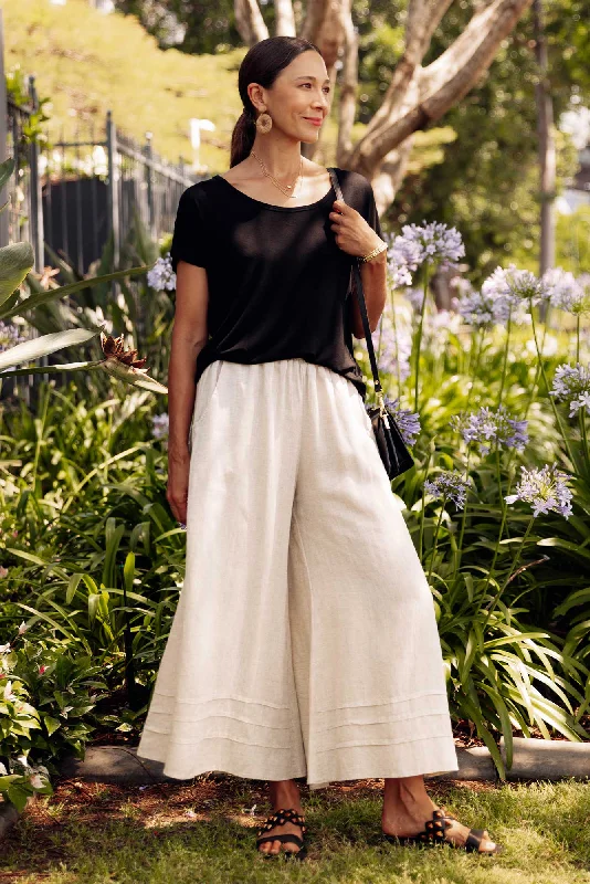 Kaleo Beige Linen Blend Pants Stylish Elastic Waist Pants