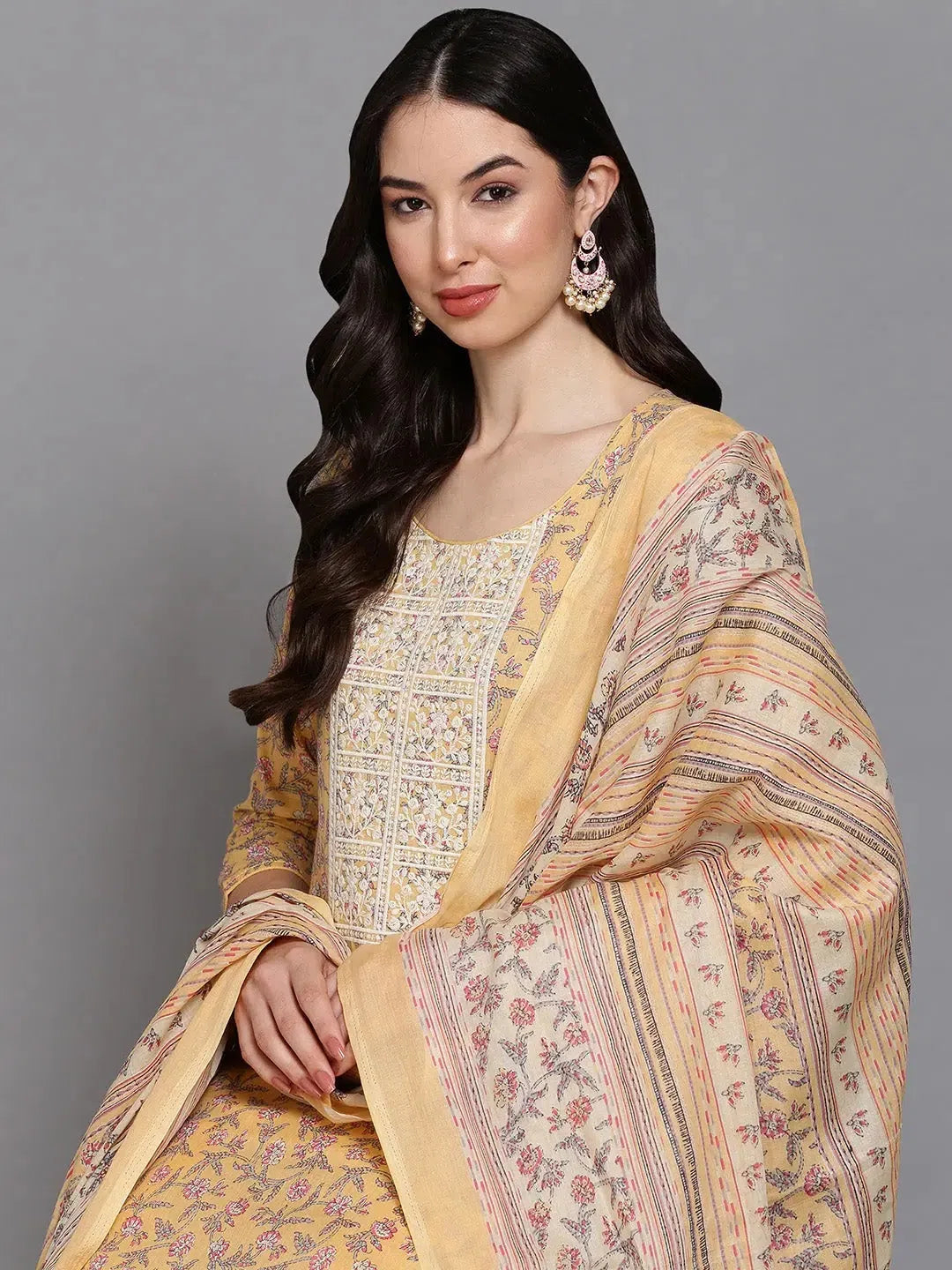 Ahika Women Yellow Cotton Blend Embroidered Straight Kurta Pant Set Soft Cotton Pants