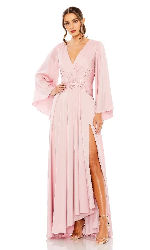 A-line long sleeved V-neck satin and floor length Prom dress
