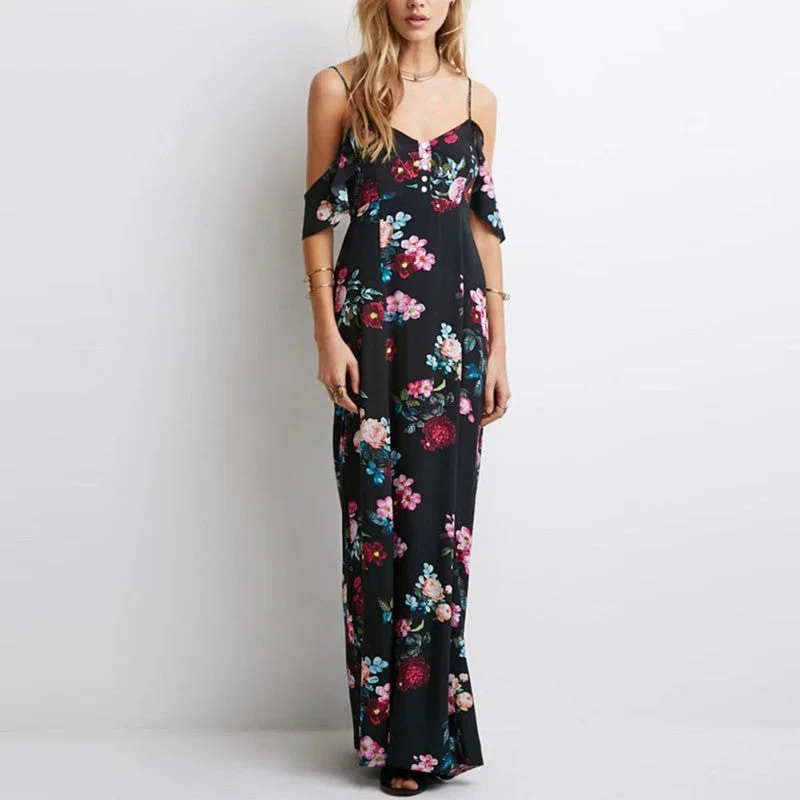Off Shoulder V-Neck Summer Dress Fashion Sleeveless Chiffon Women Maxi Dress Retro Floral Print Evening Long Party Dress Pleated Skirt Elegant