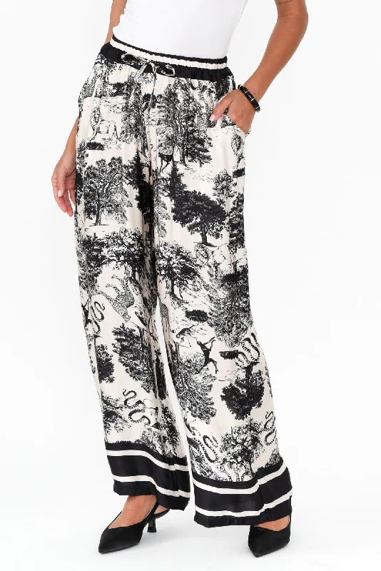 Corio Black Garden Silk Blend Tie Pants Classic Stretch Pants