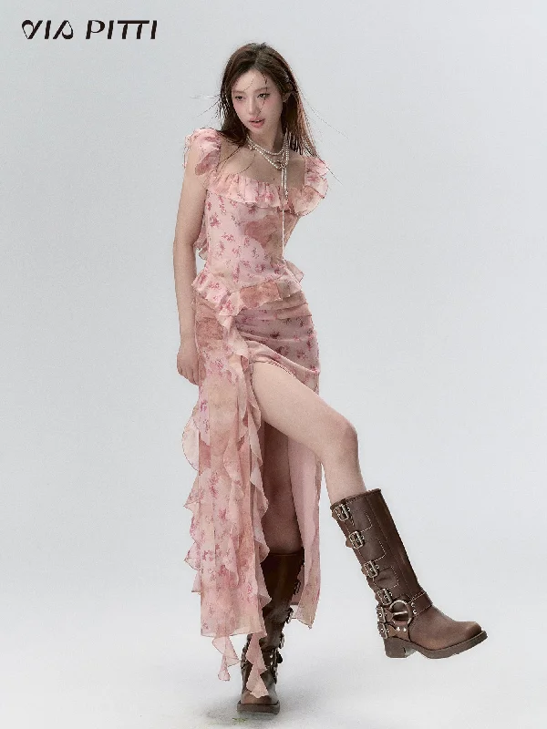 Floral Pattern Side Slit Ruffle Dress VIA0087