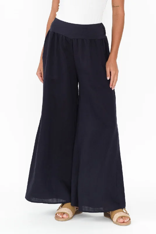 Emeline Navy Linen Blend Pants High-Waist Yoga Pants