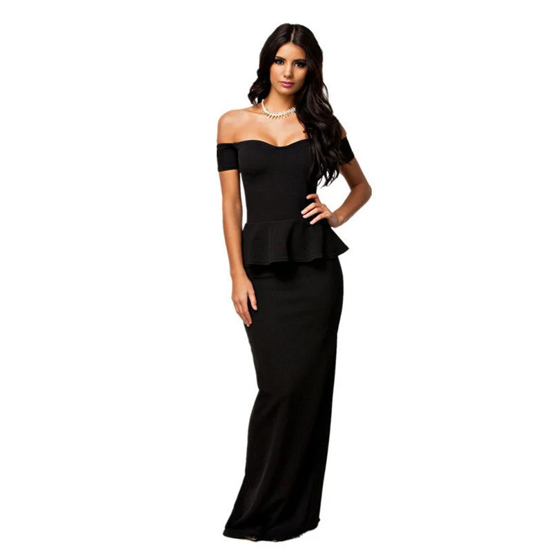 Autumn Formal Maxi Dresses Black Short Sleeve Off Shoulder Women Peplum Party Dress LC6244 Crew Neckline Sporty