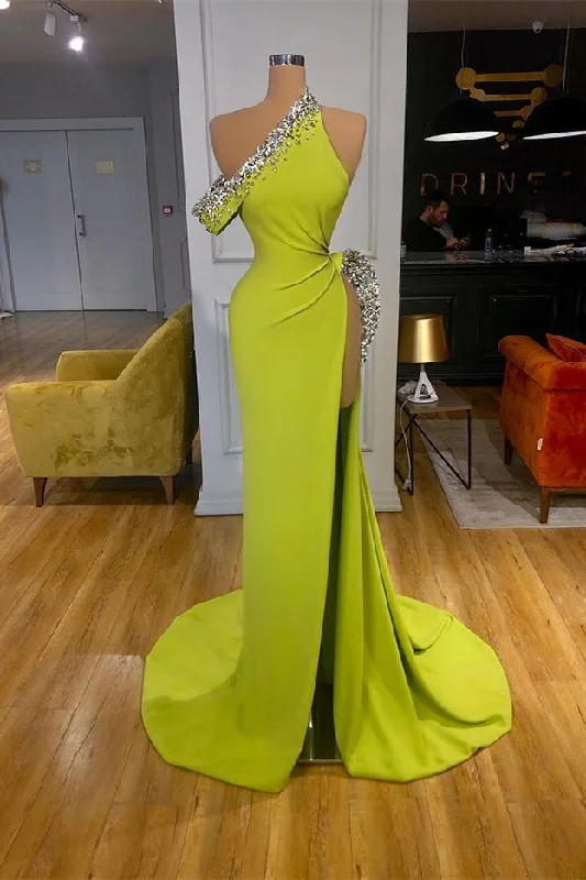 Yellow Green One Shoulder Mermaid Evening Prom Dresses Slit Long With Crystals