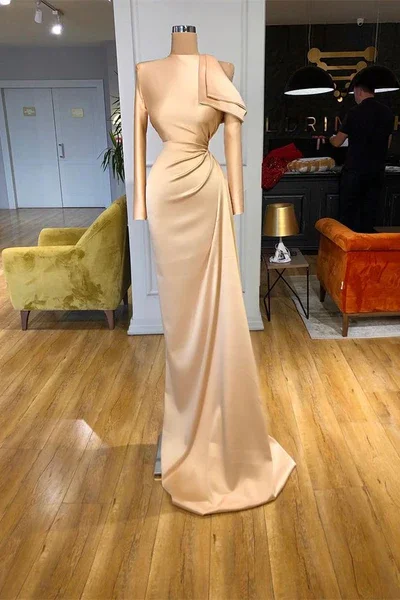 Elegant Long Champagne Mermaid  Prom Dress With Long Sleeves