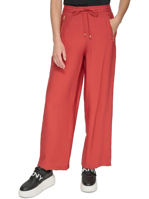 Womens Drawstring Hem Rayon Wide Leg Pants Soft Cotton Pants