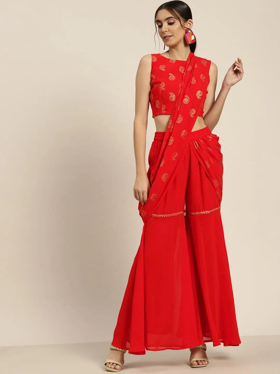 Women Red Sharara Pants With Attached Pallu High-Waist Trousers