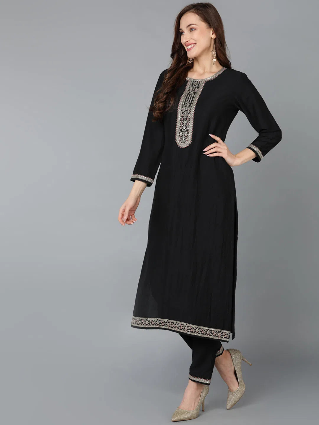 Silk Blend Black Embroidered Straight Kurta Pant Stylish Paperbag Waist Pants