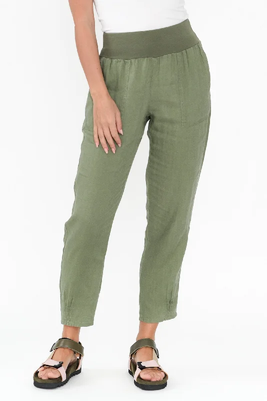 Tatum Khaki Linen Pants Slim-Fit Leggings