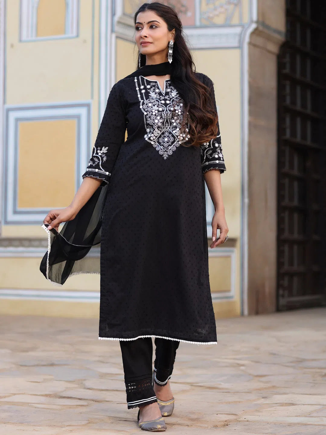 Juniper Women Black Cotton Dobby Embroidered Kurta, Pant & Dupatta Set.-3086BLACK-S Soft Stretch Trousers