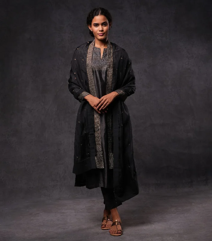 Charcoal Hand Embroidered Silk Straight Kurta Set with Pants & Dupatta Classic Cropped Pants Charcoal Hand Embroidered Silk Straight Kurta Set with Pants & Dupatta Classic Cropped Pants