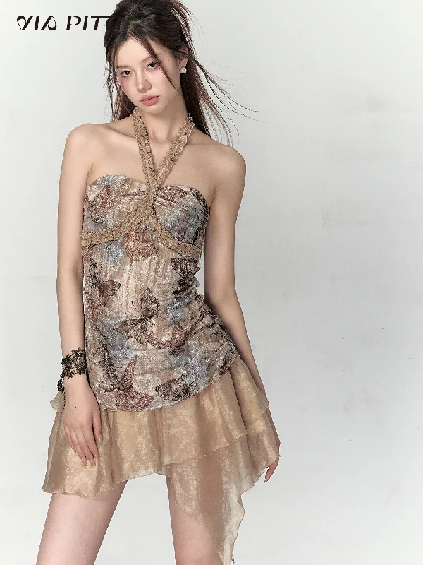 Butterfly Print Ruffle Halter Neck Fantastic Dress VIA0113