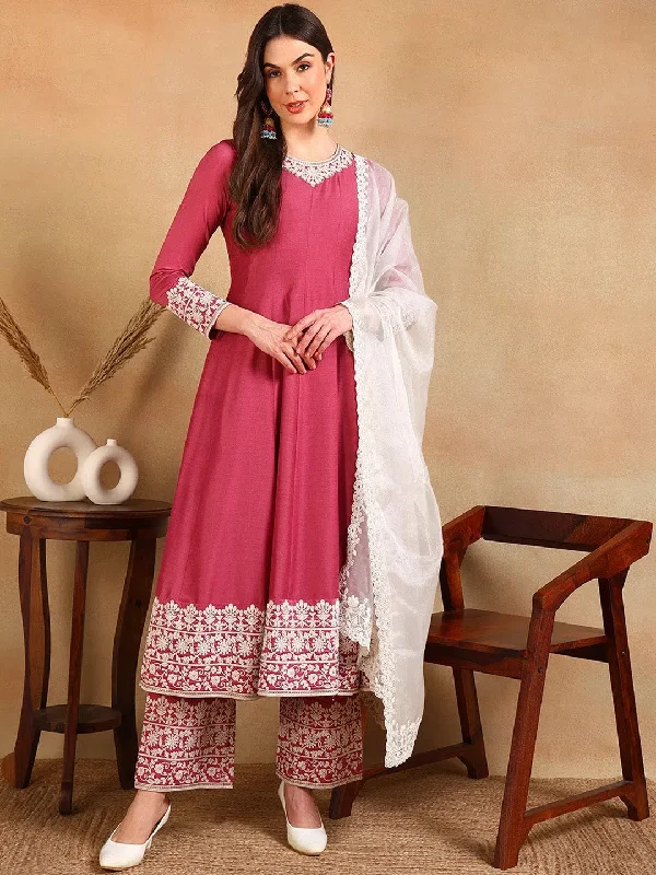 Ahika Women Pink Silk Blend Embroidered Anarkali Kurta Pant Set With Dupatta-PKSKD2363_S Elegant Dress Pants