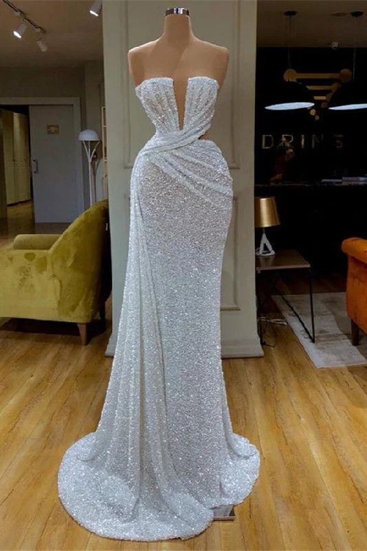 Plunging V-neck Sparkle White Sequined Strapless Evening Prom Dresses