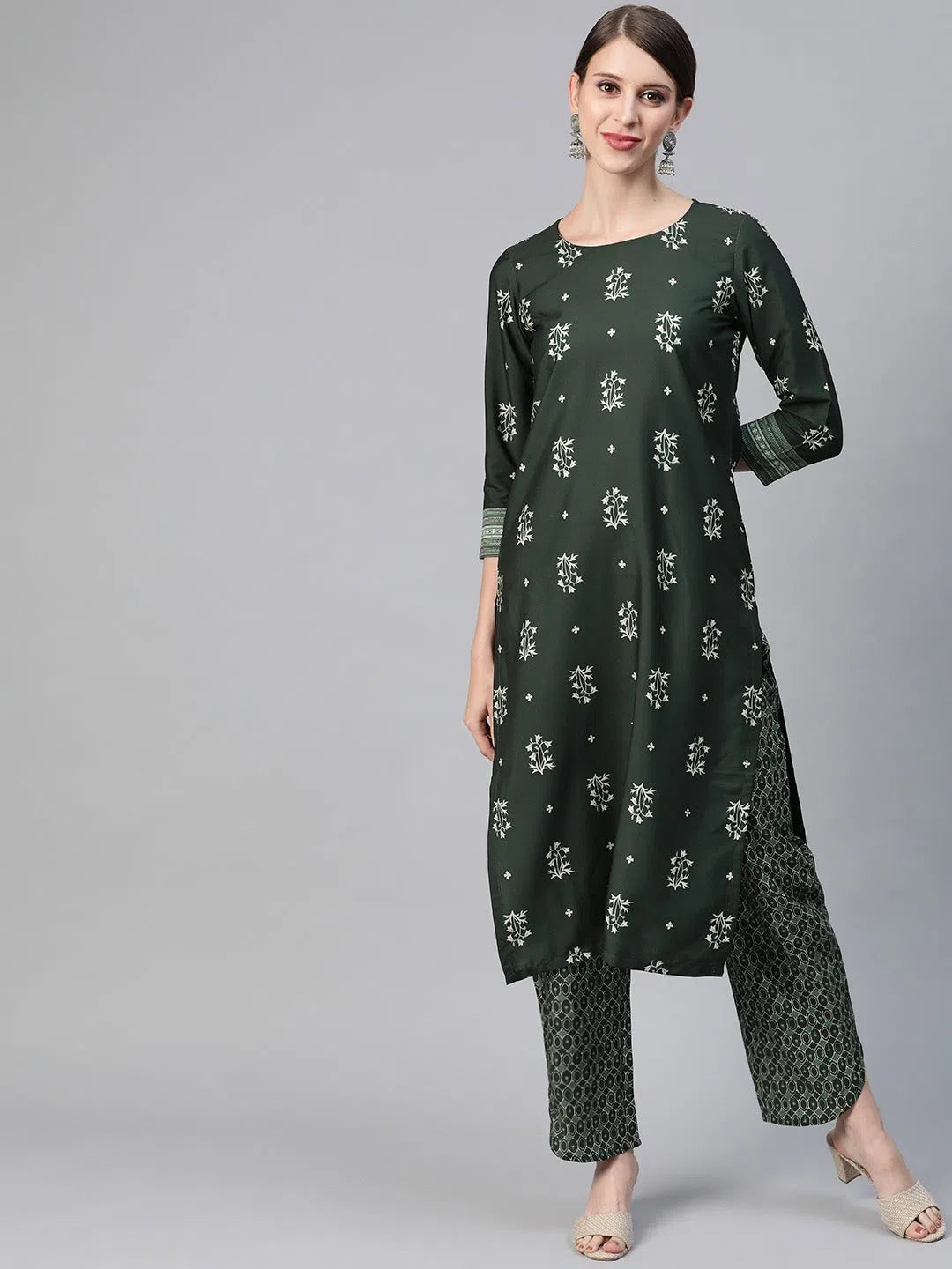 Ahika Women Crepe Green Ethnic Motifs Printed Straight Kurta Pant Set 2 Classic Straight-Leg Pants