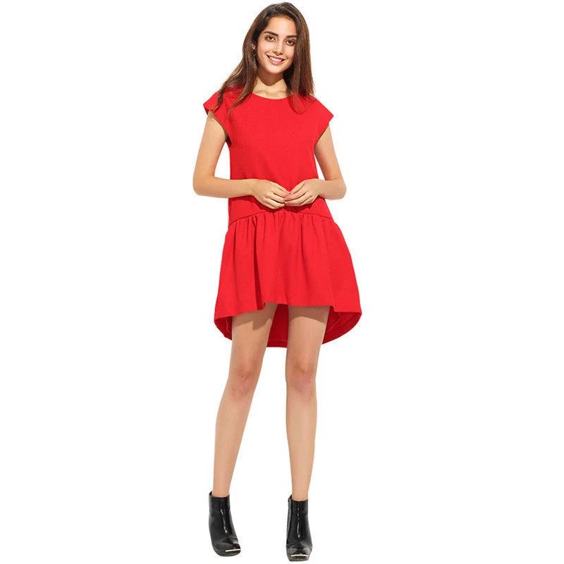 Dress Women Summer Short Sleeve Pleated Girl Mini Dress Irregular Loose O-Neck Solid Casual Party Dresses Turtleneck Warm Winter