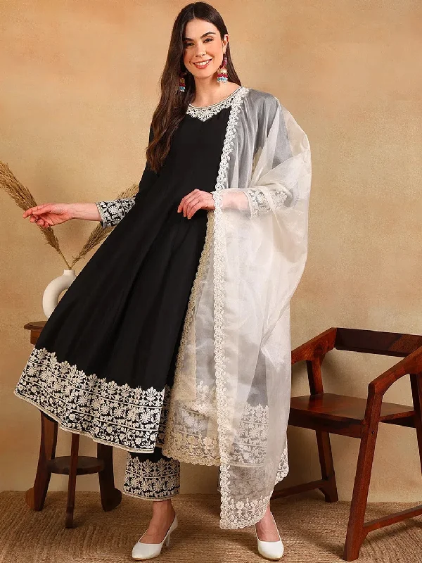 Ahika Women Black Silk Blend Embroidered Anarkali Kurta Pant Set With Dupatta-PKSKD2362_S Trendy Wide-Legged Trousers