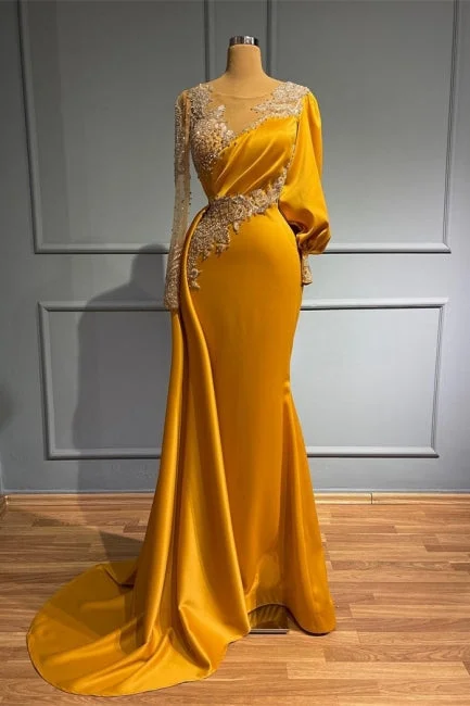 Chic Jewel Asymmetric Beading Long Sleeves Evening Prom Dresses with Appliques