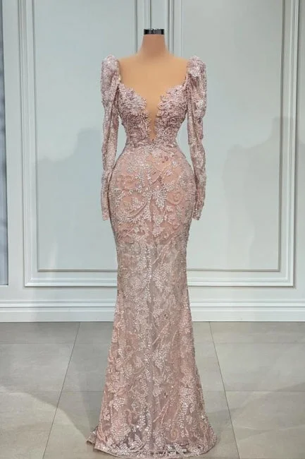 Suzhoufashion Sexy Pink V-neck Lace Mermaid Prom Dress Evening Gowns With Long Sleeves