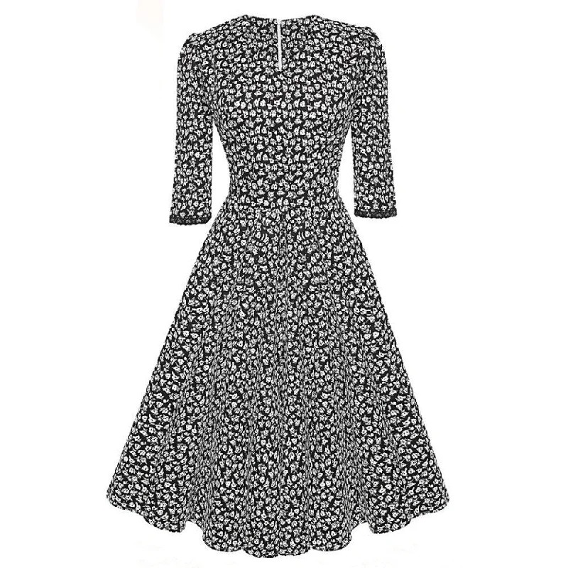ACEVOG Brand 1950s Dress Autumn Spring 3/4 Sleeve Women Fashion Elegant Vintage Rockabilly Floral Swing Party Dresses 4 Styles Crew Neckline Casual