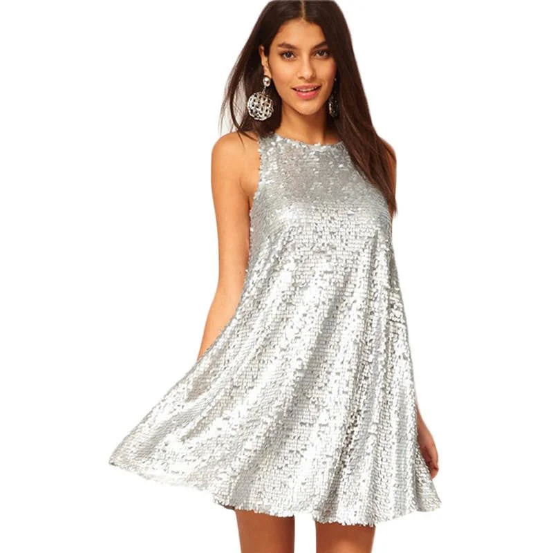 Women Club Fashion Female Silver Color Sleeveless O-neck Casual A-Line Party Dress Tunics Leisure comfortable