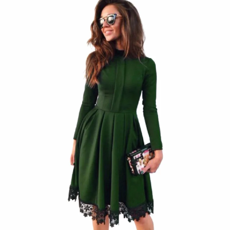 Autumn Winter Dress Fashion Women Long Sleeve Slim knee length Lace patchwork Green Party Dresses Plus Size Tunics Bestseller popular