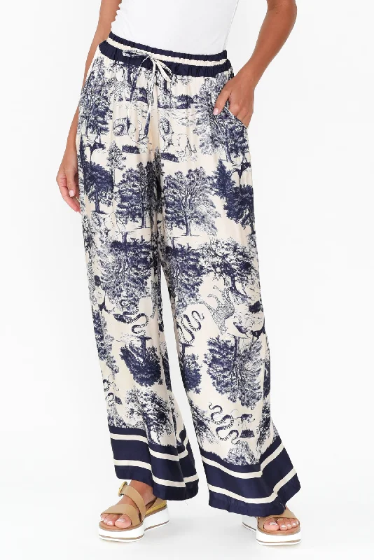 Corio Navy Garden Silk Blend Tie Pants Cozy Lounge Pants