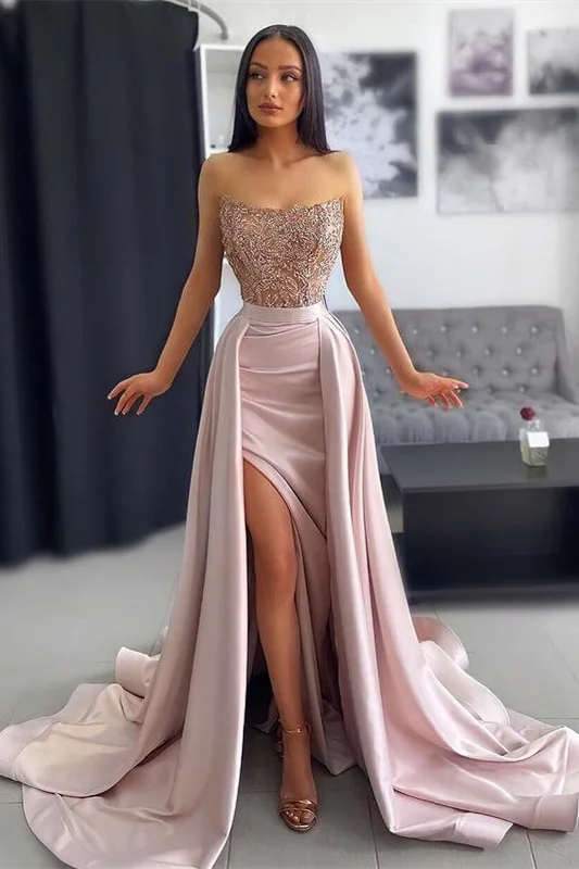 Classy Strapless Dusty Pink Evening Prom Dresses Mermaid Slit With Lace Appliques