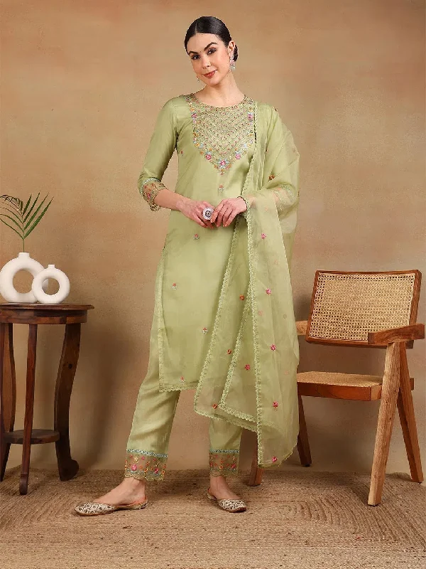 Ahika Women Green Organza Embroidered Straight Kurta Pant Set With Dupatta-PKSKD2341_S Classic Straight-Leg Pants