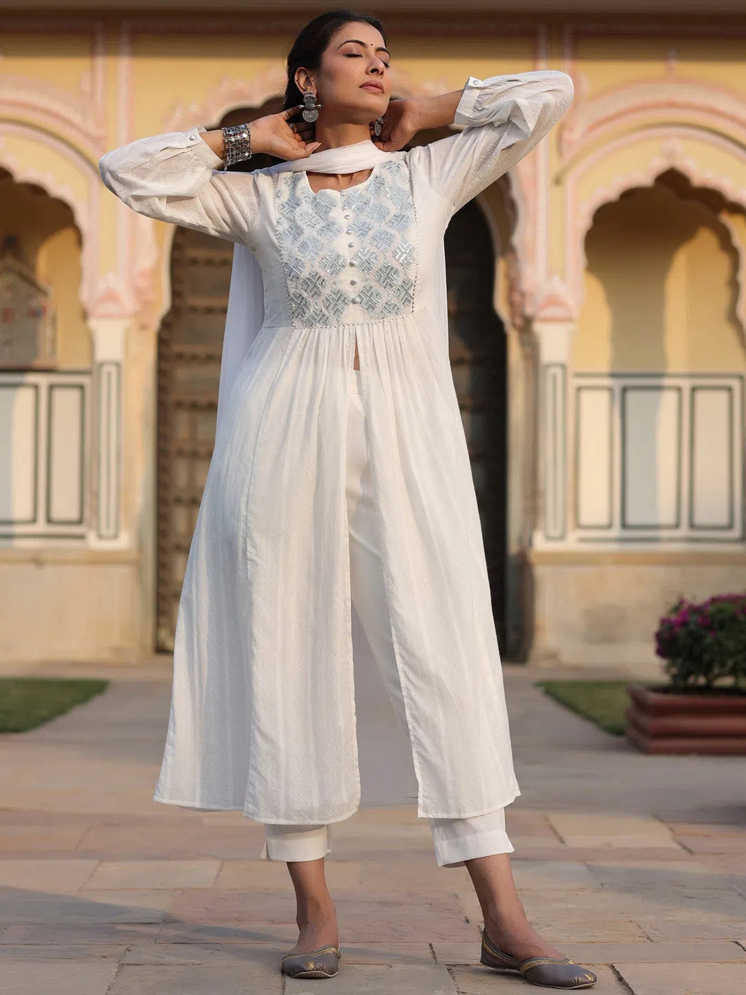 Juniper Women White Cotton Dobby Embroidered Kurta, Pant & Dupatta Set. Stylish Casual Pants