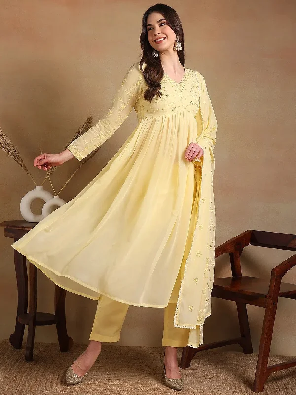 Ahika Women Yellow Poly Georgette Embroidered A-Line Kurta Pant Set With Dupatta Trendy Work Pants