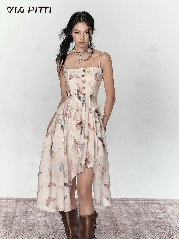 Colorful Butterfly Print Irregular Hem Camisole Dress VIA0116