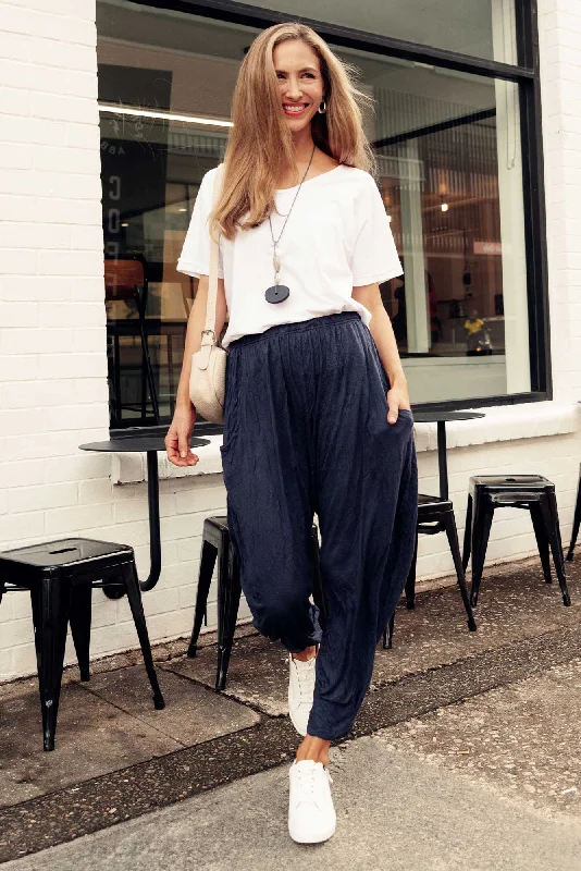 Rylee Dark Navy Crinkle Cotton Pants Casual Plaid Pants