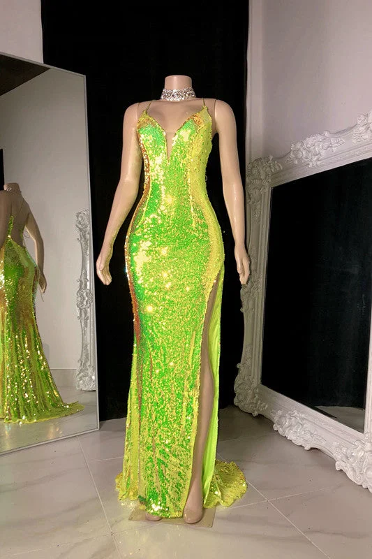 Sparkling V-neck Spaghetti Strap Split Front Mermaid Prom Dress