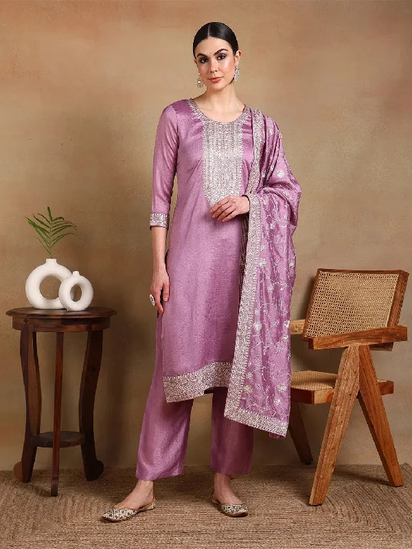 Ahika Women Lavender Silk Blend Embroidered Straight Kurta Pant Set With Dupatta-PKSKD1898D_XS Casual Track Pants