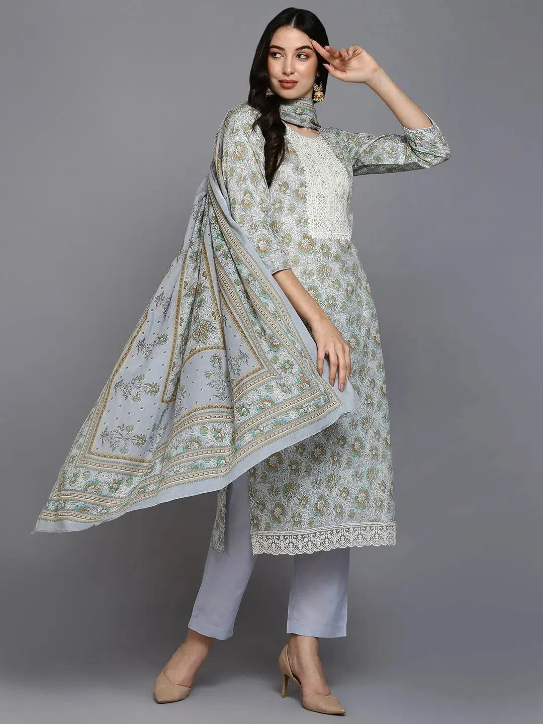 Ahika Women Blue Cotton Blend Embroidered Straight Kurta Pant Set-VKSKD1899_3XL Chic Capri Pants