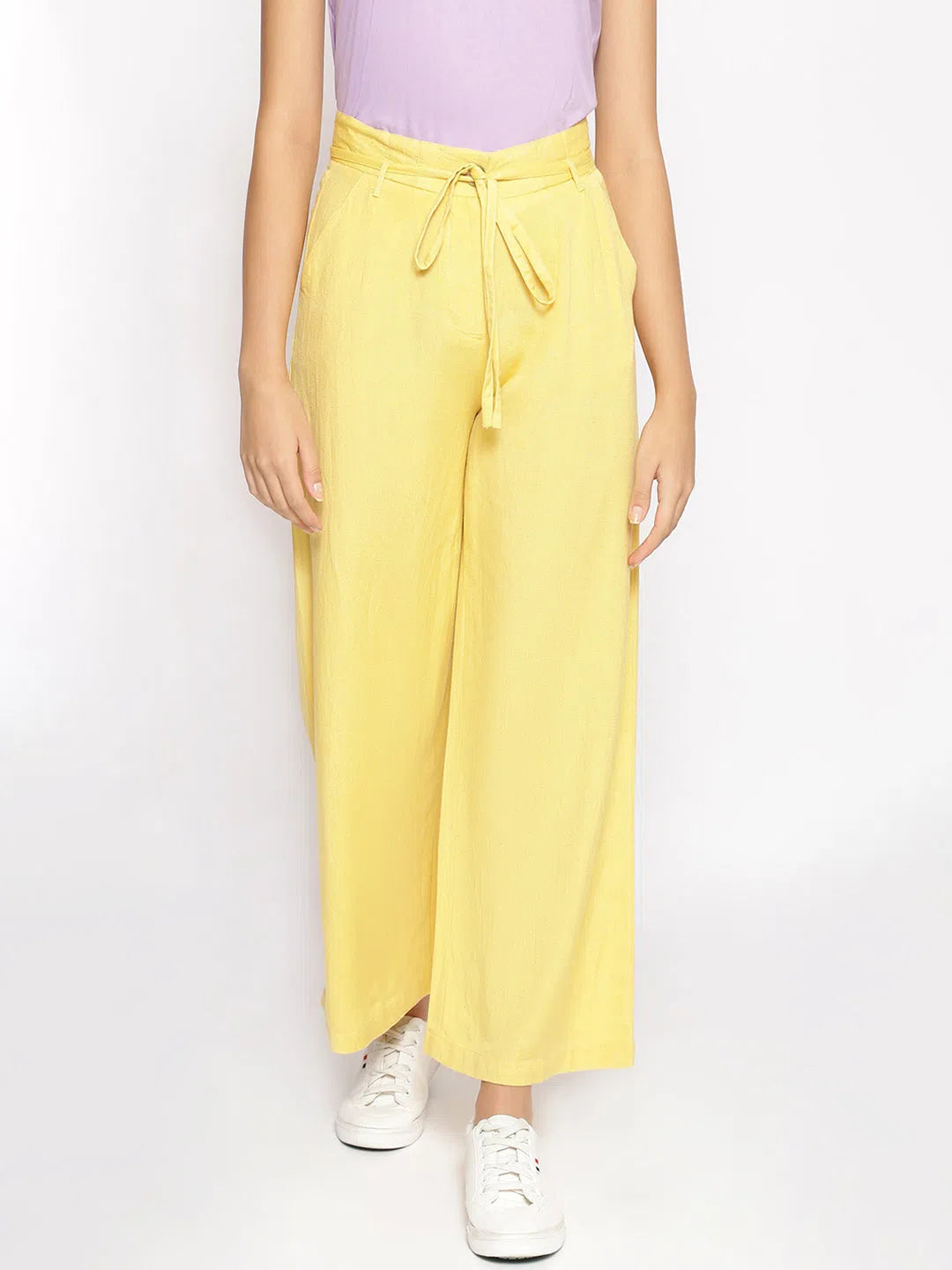 Light Yellow Linen Blend Solid Pants Chic Wool Trousers