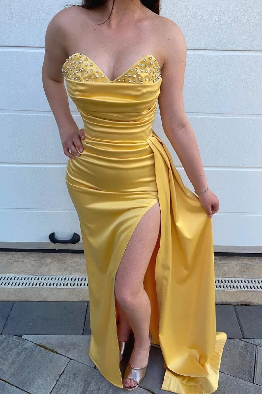 Daffodil Sweetheart Mermaid Evening Prom Dresses Slit Long With Beads