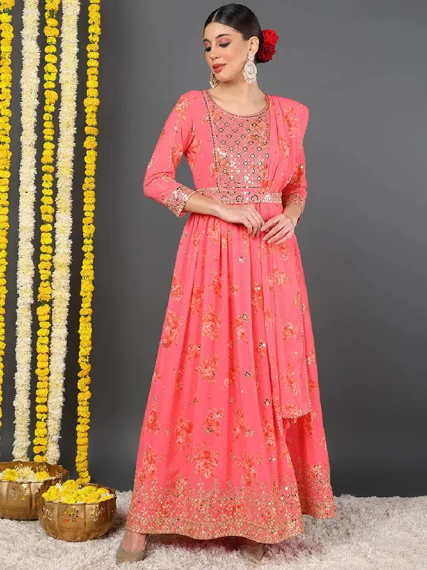 Ahika Women Pink Georgette Embroidered Anarkali Kurta Pant Set With Dupatta-PKSKD2185_S Fashionable Track Pants