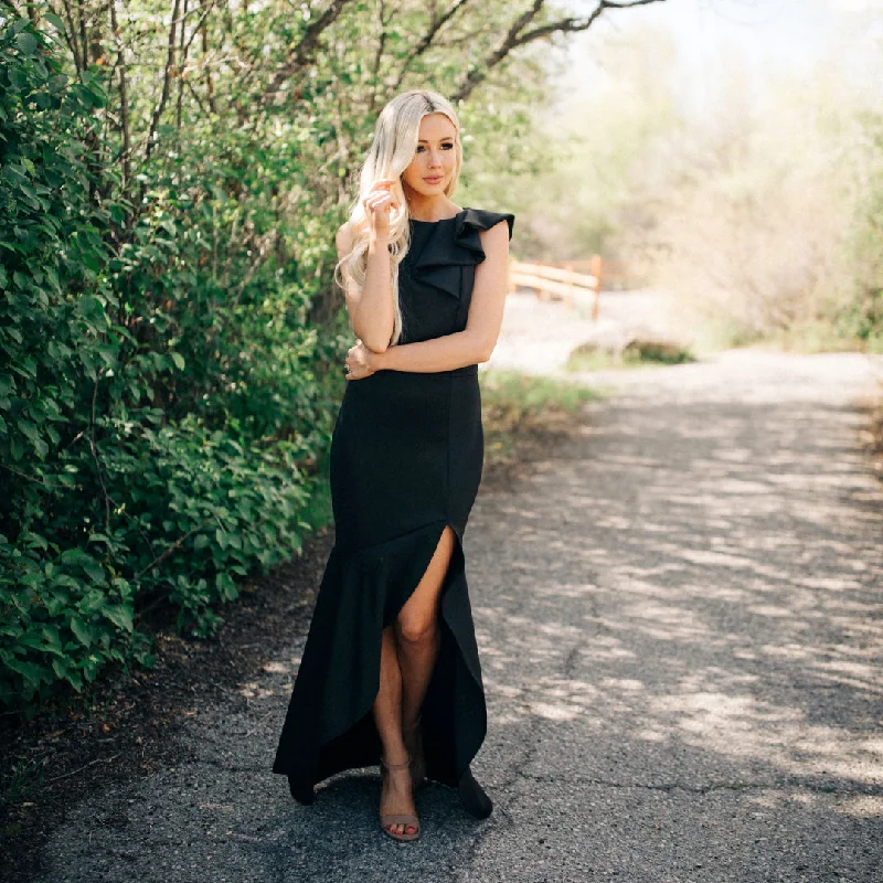 Black Asymmetric Ruffle Dress Tunics Business professional