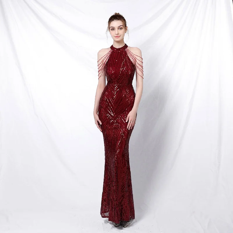 Backless Evening Dress Women Party Dress Long Wear Sequin Fabric Cheap Cowl Neckline Elegant
