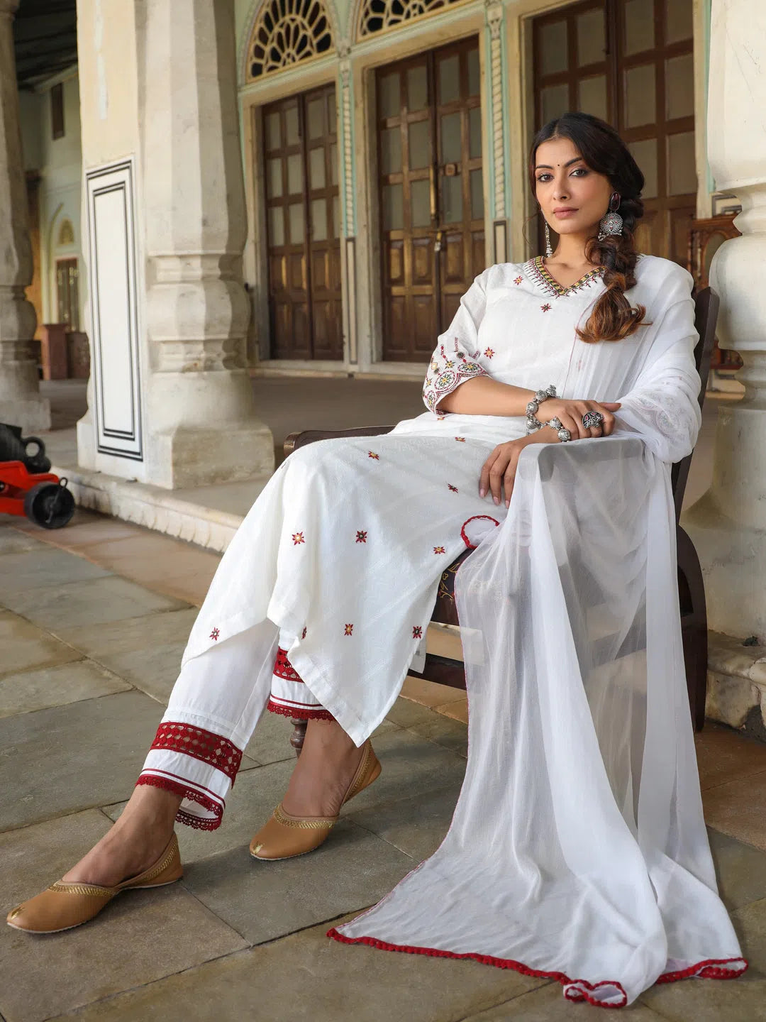 Juniper Women Multi-Coloured Cotton Dobby Embroidered A-Line Kurta, Pant & Dupatta Set. Relaxed Casual Leggings