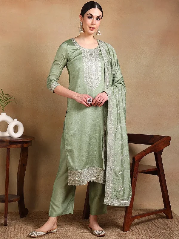 Ahika Women Green Silk Blend Embroidered Straight Kurta Pant Set With Dupatta-PKSKD1897D_XS Stylish Paperbag Waist Pants